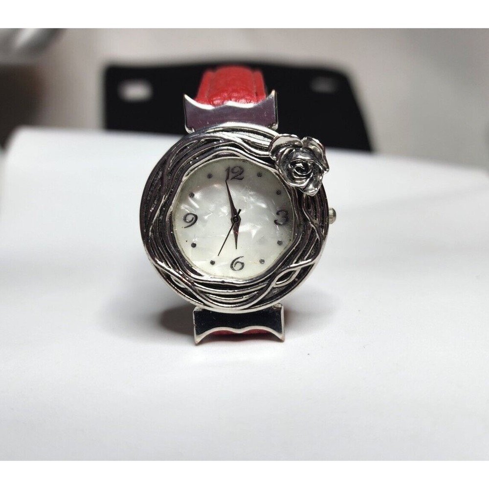 Watch Silver Tone Rose and Vine Wreath MOP Face Red Leather Strap Women's
